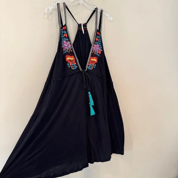 Free People Lovers Cove Mini Dress Black Sz L‎ Embroidered Festival Boho - Picture 7 of 15